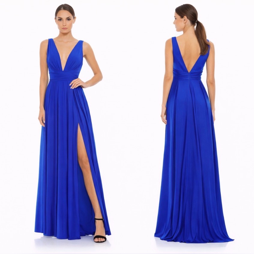 Mac Duggal Long Formal V Front Back Gown Dress 14 Royal Blue Nwt $398